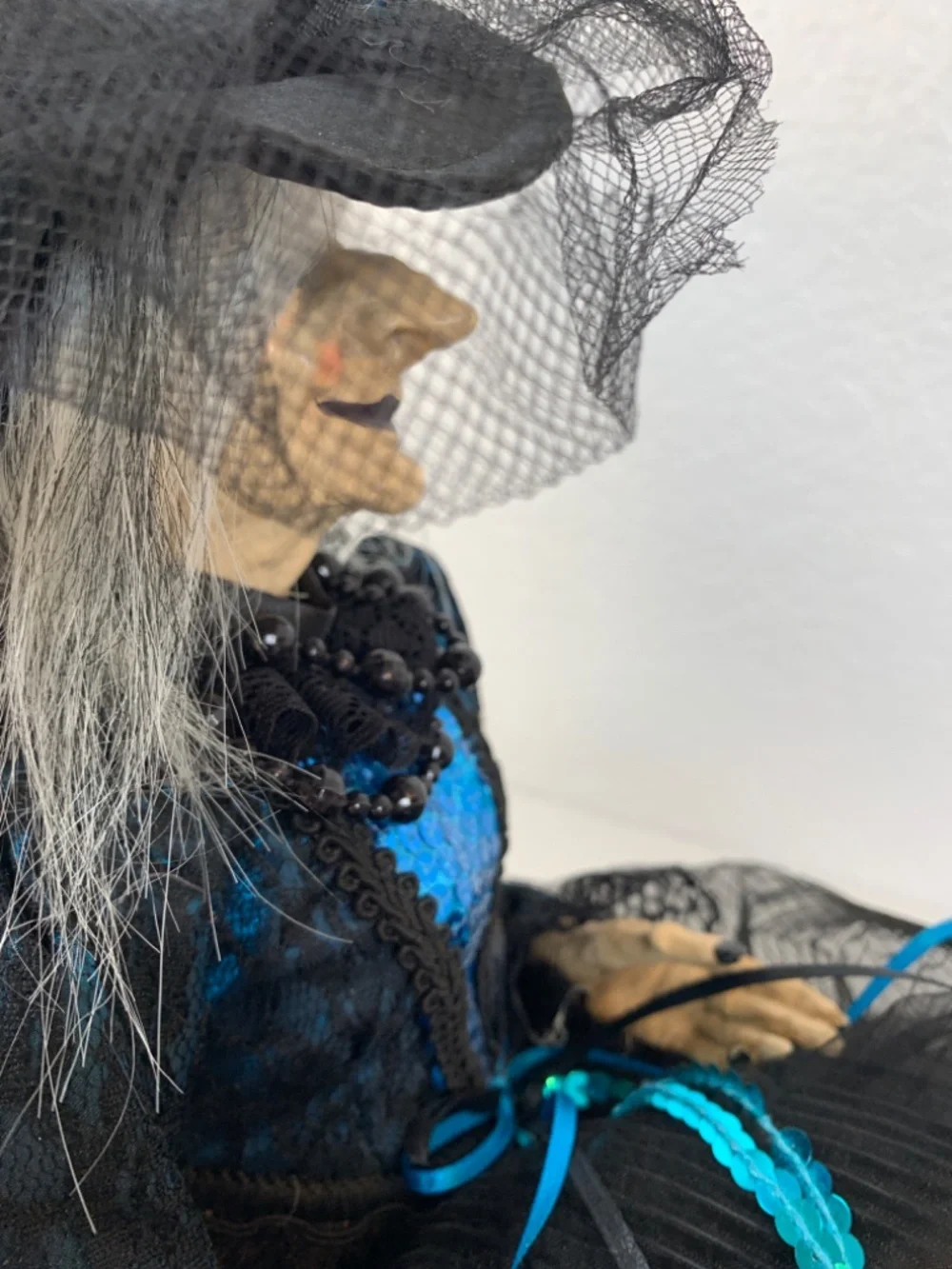 Spooky Old Witch With Broom Doll Shelf Sitter Blue Black Halloween Scary Decor